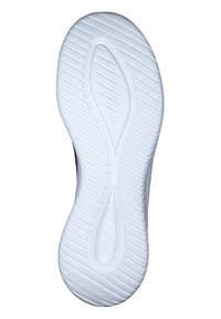 Biała gumowa podeszwa buta z fakturalnym wzorem, który zawiera zakrzywione linie i rowki. Zawiera logo "Skechers" w pobliżu pięty.