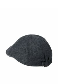 Ciemnoszara kaszkietowa czapka z teksturowanej tkaniny, o zaokrąglonym kształcie z niewielkim marszczeniem z tyłu i delikatnym daszkiem.