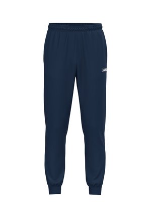 Pantaloni da ginnastica blu navy con fascia elastica in vita e polsini, con un piccolo logo bianco sulla parte superiore della coscia.