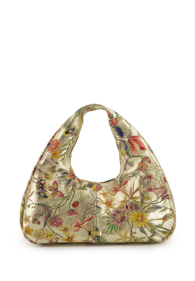 Goldene Handtasche im einzigartigen Hobo-Format. Texturiertes Material mit bunten Blumen, Blättern und einem kleinen Logo-Accent.