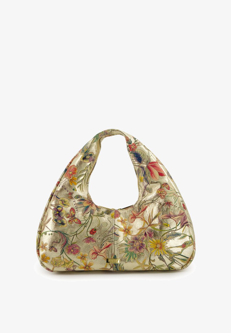 Goldene Handtasche im einzigartigen Hobo-Format. Texturiertes Material mit bunten Blumen, Blättern und einem kleinen Logo-Accent.