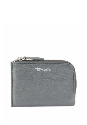 Gray leather wallet with textured surface, zipper closure, and a silver logo. Compact rectangular shape, suitable for cards and coins.