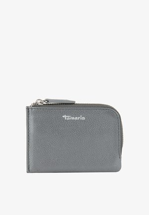 Gray leather wallet with textured surface, zipper closure, and a silver logo. Compact rectangular shape, suitable for cards and coins.