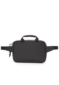 Borsa nera rettangolare compatta con manico superiore, cinghie laterali regolabili e chiusura con zip sul lato sinistro.