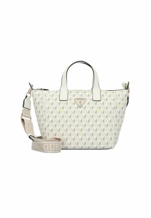 Sac à main blanc avec un motif géométrique, en matériau synthétique, avec des poignées supérieures et une sangle amovible. Présente un logo doré et une fermeture éclair.