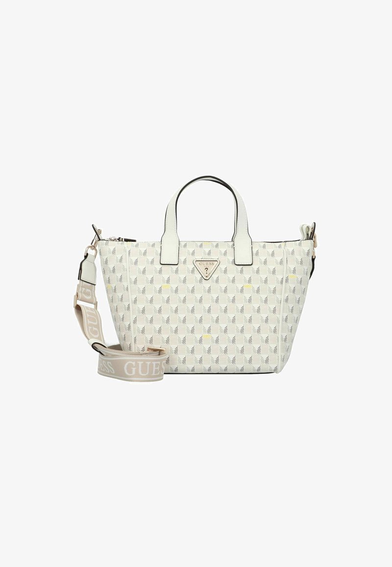 Borsa bianca con un motivo geometrico, materiale sintetico, manici superiori e una tracolla removibile. Presenta un logo dorato e chiusura a zip.