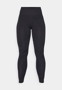 Sorte høyhalsede leggings laget av elastisk materiale med en jevn tekstur. Designet er kroppsnært og sømløst uten synlige logoer eller mønstre.
