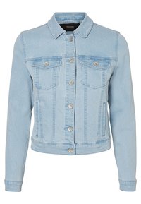 Lichtblauwe spijkerjasje met knoopsluiting aan de voorkant, twee borstzakken met klep en knopen, zijzakken en een klassieke kraag.