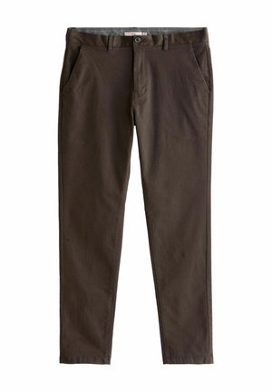 Pantalones de algodón marrón con un ajuste slim, que presentan bolsillos frontales, un cierre de botón y una textura limpia y suave.