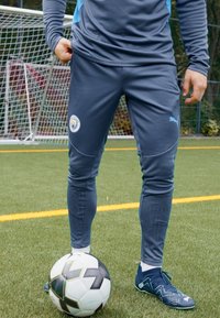 Pantaloni sportivi grigi con accenti blu, materiale testurizzato, con logo del club. Pallone da calcio in bianco e nero ai piedi su un campo in erba artificiale.