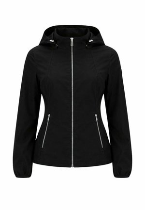 Giacca nera con cappuccio, cerniera frontale e due tasche laterali con zip, maniche lunghe e coulisse regolabili sul cappuccio.