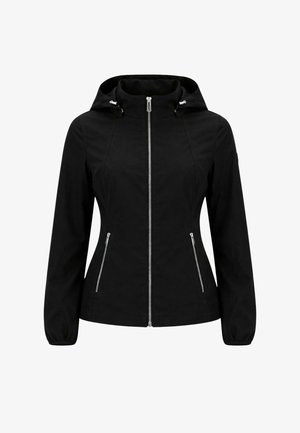 Giacca nera con cappuccio, cerniera frontale e due tasche laterali con zip, maniche lunghe e coulisse regolabili sul cappuccio.