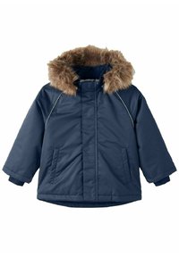 Námořnická modrá parka s kapucí z uměl�é kožešiny, prošívanou texturou, dlouhými rukávy a postranními kapsami. Obsahuje centrální zip a prošívané detaily.