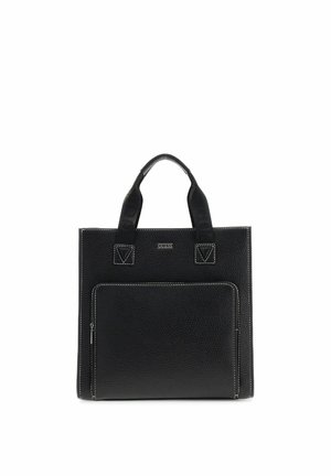 Sac cabas en cuir texturé noir avec poche avant zippée, larges anses et surpiqûres blanches contrastantes, orné d'un petit logo métallique "Guess".