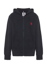 Felpa con zip blu navy realizzata in tessuto morbido, con tasca frontale, polsini a coste e un logo ricamato rosso sul petto.