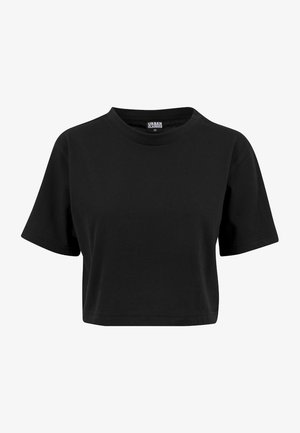 Black cropped T-shirt made of cotton, featuring a round neckline and short sleeves, with a plain, smooth texture and no visible graphics.