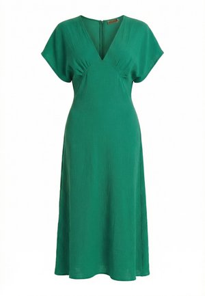 Robe midi verte avec manches courtes, décolleté en V, taille cintrée, texture subtile et fermeture éclair à l'arrière.