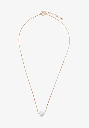 Kette aus Roségold mit einem einzelnen großen Perlenanhänger. Die Kette hat ein zartes, strukturiertes Finish und einen verstellbaren Verschluss.