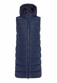 Marineblå dunvest med hette, frontglidelås og to sidelommer. Har horisontal quilting for ekstra tekstur og isolasjon.