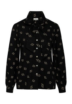 Black blouse with long sleeves, featuring a tie collar, buttons down the front, and a geometric pattern in gold and white.