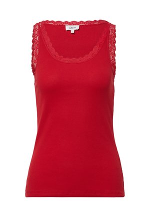 Rood geribde tanktop met kantafwerking langs de halslijn en de armsgaten. Gemaakt van zachte stof, ontworpen voor een aangesloten pasvorm. Label zichtbaar aan de achterkant.