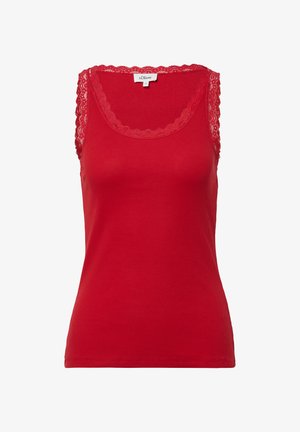 Czerwona, żebrowana koszulka bez rękawów z koronkowym wykończeniem wzdłuż dekoltu i otworów na ramiona. Wykonana z miękkiego materiału, zaprojektowana z myślą o dopasowanym kroju. Metka widoczna na plecach.