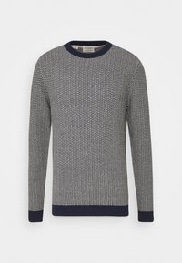 Pletený pulovr v námořnické modři a bílé barvě, s texturovaným vzorem, kulatým výstřihem a žebrovanými manžetami a spodním lemem. Vyrobený z měkké látky.