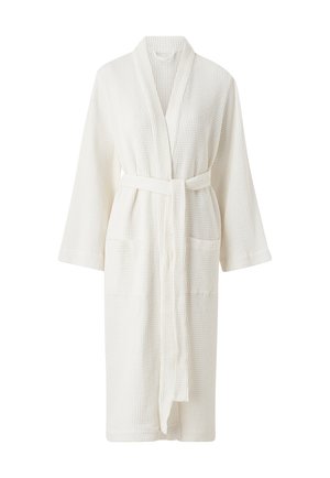 Bademantel aus weißem Waffelmaterial mit langen Ärmeln, Bindegürtel und zwei frontalen Taschen. Semiflexibles Design, knielang, aus weichem Stoff.