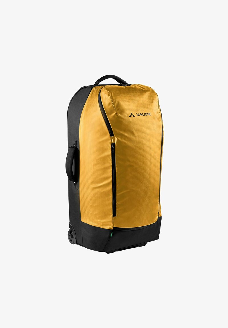 Yellow and black rolling backpack with a textured surface, zippered compartments, side handle, and large main opening for easy access.