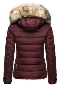 Burgundy puffer jacket with a detachable faux fur hood, quilted design, elastic cuffs, and a leather-like accent on the side.