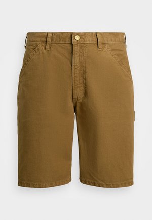 Shorts marron en mélange de coton, dotés d'une fermeture à bouton, de deux poches latérales et d'une coupe droite. Texture lisse avec un minimalisme dans les détails.