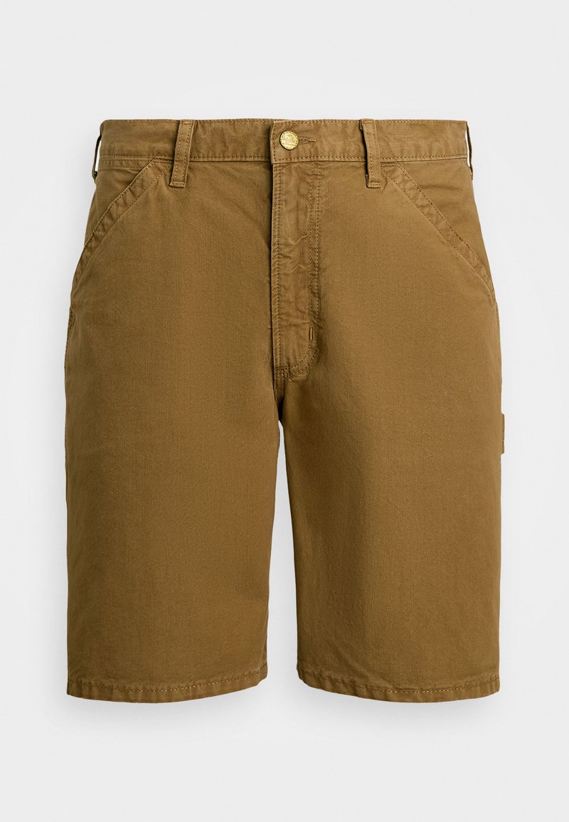 Shorts marron en mélange de coton, dotés d'une fermeture à bouton, de deux poches latérales et d'une coupe droite. Texture lisse avec un minimalisme dans les détails.