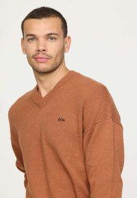 Pull à col en V, coupe décontractée, de couleur marron chaud, fabriqué en tissu tricoté texturé ; présente un petit logo noir sur le côté gauche.