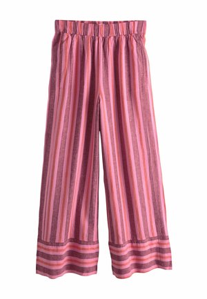 Pantaloni cu croială largă şi dungi verticale în nuanţe de roz şi coral, talie elastică şi detaliu cu dungi orizontale la tiv.