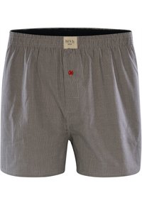 Boxer da uomo grigi con sottili strisce bianche, dotati di chiusura anteriore con bottone rosso e un elastico in vita per il massimo comfort.
