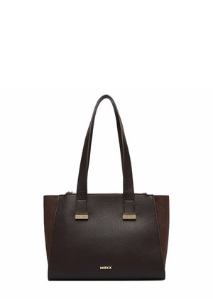 Dunkelbraune strukturierte Ledertasche mit zwei Griffen und goldenem Mexx-Logo vorne in der Mitte vor weißem Hintergrund.