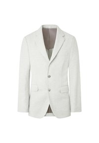 Hellgrauer Blazer aus weichem Stoff, mit Reverskragen, zwei vorderen Taschen und zwei Knöpfen. Das Innenfutter ist in einer kontrastierenden Farbe gehalten.
