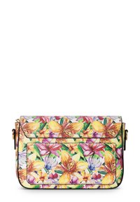 Borsa a tracolla con stampa floreale caratterizzata da fiori gialli, viola e rossi su uno sfondo crema; chiusura a patta magnetica; dettagli in metallo dorato.
