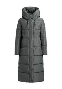 Lange pufferjas in donkergrijs, met een hoge kraag, voorste rits en drukknoopsluitingen. Inclusief zijzakken en een quilted ontwerp. Waterdicht materiaal.
