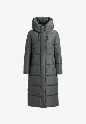 Hosszú, sötétszürke steppelt kabát, magas gallérral, elől cipzárral és patentos záródással. Oldalzsebekkel és steppelt dizájnnal rendelkezik. Vízálló anyagból készült.