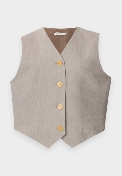 Bėgio be rankovių liemenė su išpjovimu ant apykaklės, turinti keturis apvalius auksinius mygtukus priekyje ir lygią tekstūrą.