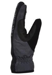 Svart och grå mittfingerhandske med en strukturerad yta, elastisk handled och tryckt text, som kombinerar syntetiska material och en åtsittande design.