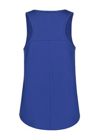 Top sin mangas de color azul hecho de algodón. Presenta un cuello redondo, una textura suave y un dobladillo curvado con un diseño simple y sin adornos.