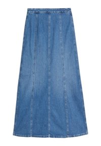 En lång denimkjol i blå färg, med vertikala sömmar och en A-linjeform. Texturen är mjuk med en ren finish.