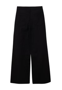 Zwarte wijde-denim broek met twee achterzakken, een hoge tailleband en een gladde textuur. Eenvoudig ontwerp zonder versieringen.