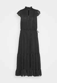 Robe midi noire avec taille élastique, manches courtes volantées, encolure avec ouverture en forme de goutte, et jupe à volants offrant un léger éclat métallique.