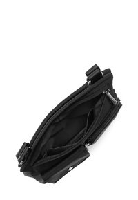 Borsa di stoffa nera con tasche con zip, texture liscia e una tracolla staccabile. Presenta scomparti multipli per l'organizzazione.