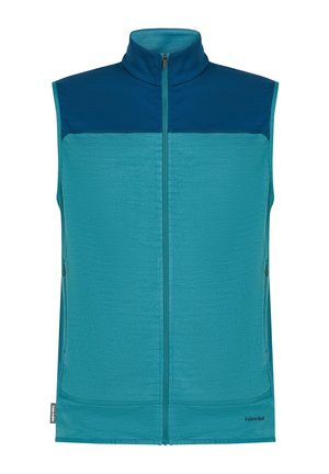 Sleeveless zip-up vest in two shades of blue with high collar, side zip pockets, and "icebreaker" logo near hem.