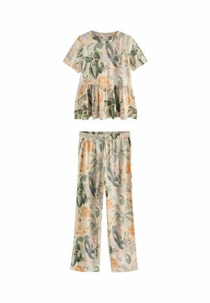 Ensemble de détente beige en deux pièces comprenant un haut à manches courtes avec volants et un pantalon à taille élastique, orné d'un imprimé botanique vert et orange.