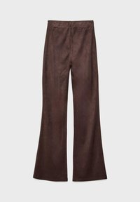 Braune Wildleder- Schlaghosen mit glatter Textur, hohem Bund und einem sicheren Reißverschlussverschluss auf der Rückseite.